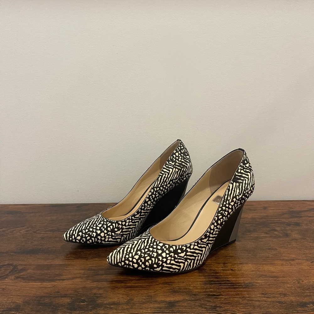 Guess by Marciano Pony Hair Animal Print Wedges with Metal Bar Detail